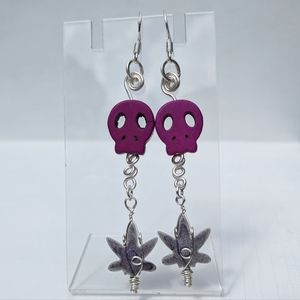 Purple Skull 420 Leaf Earrings Handmade Resin Halloween Silver Smoke lightweight